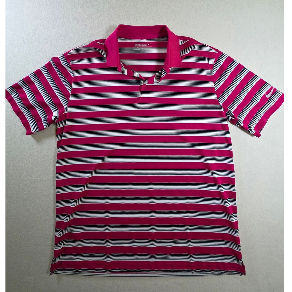 Nike Golf Tour Performance Mens L Pink Striped Dri-Fit Short Sleeveโ Polo 639710